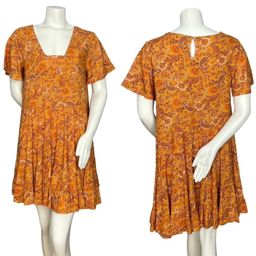 Patrons of Peace Babydoll Dress Paisley Floral Mini Women Sz Large Boho Tiered